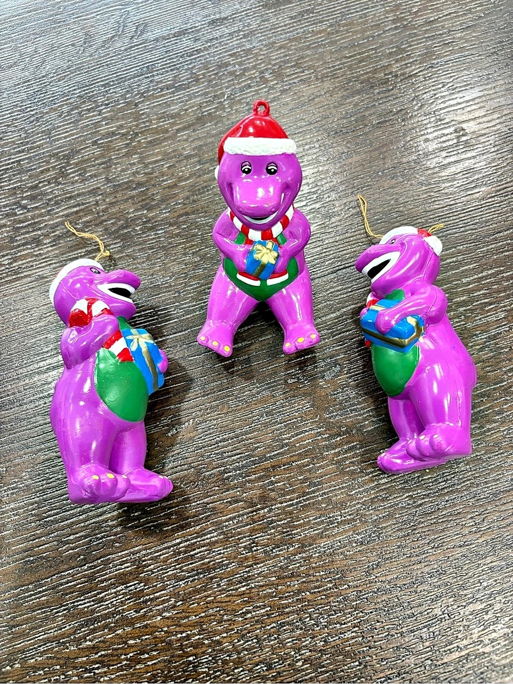 Vintage Lyons Group Barney the Dinosaur Christmas Ornament with Santa Hat and Gi